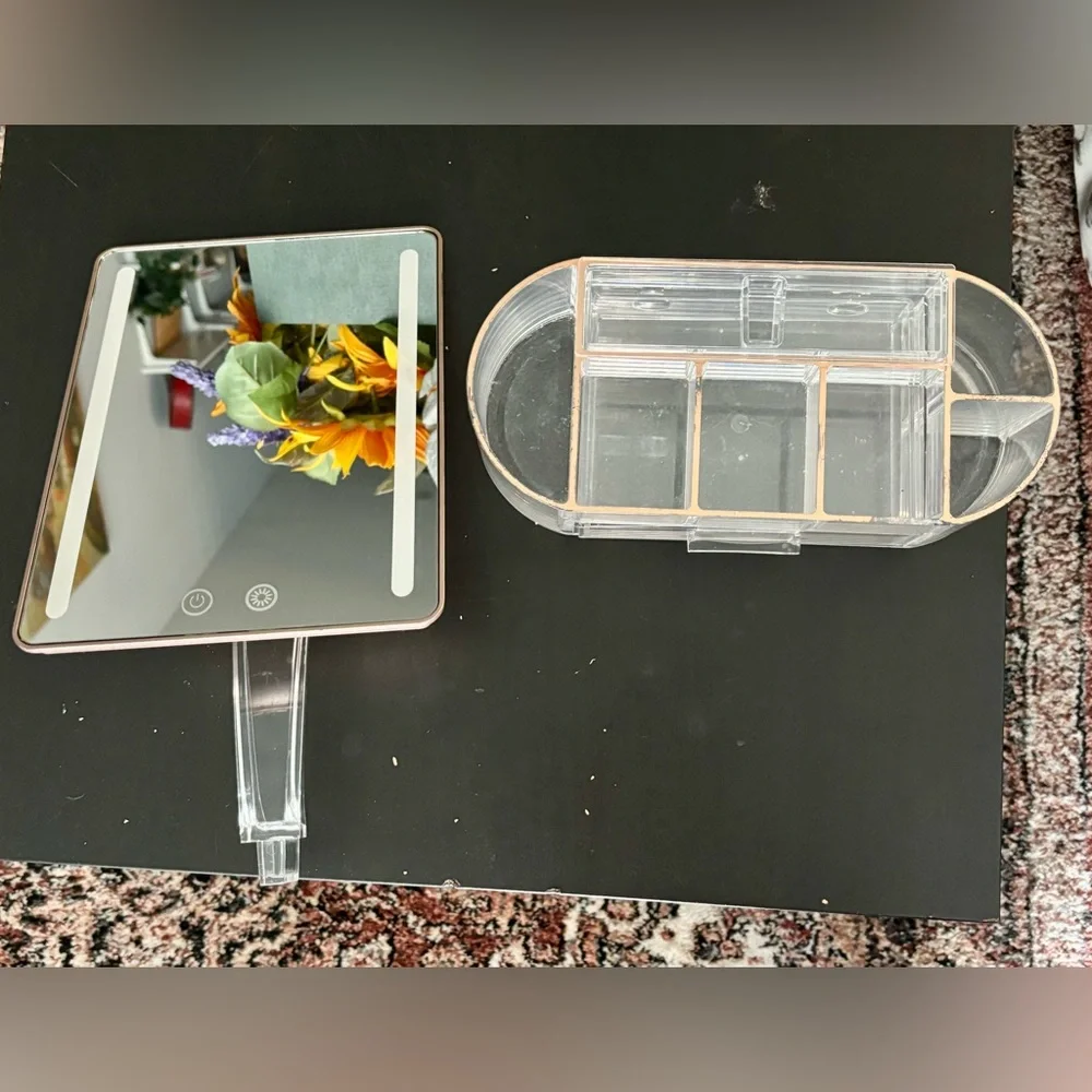 LED Makeup Mirror with Organizer - Rose Gold